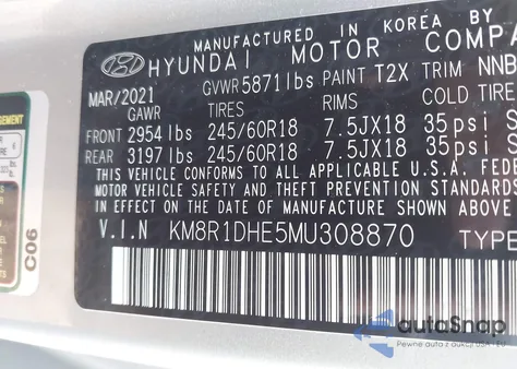 2021 Hyundai Palisade Se из США, поврежденный, VIN KM8R1DHE5MU308870